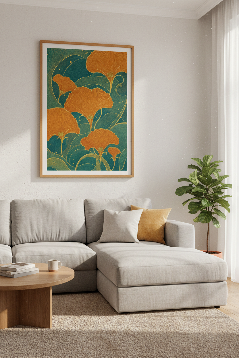 Ginkgo Biloba Art Nouveau Wall Art | Teal and Orange Botanical | Vintage Poster