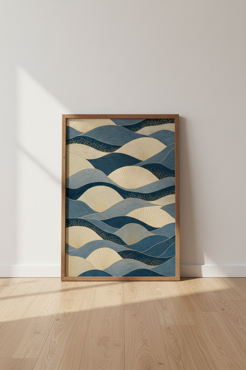 Abstract Japanese Wave Art | Blue and Gold Navy Sea Print, Japandi Decor