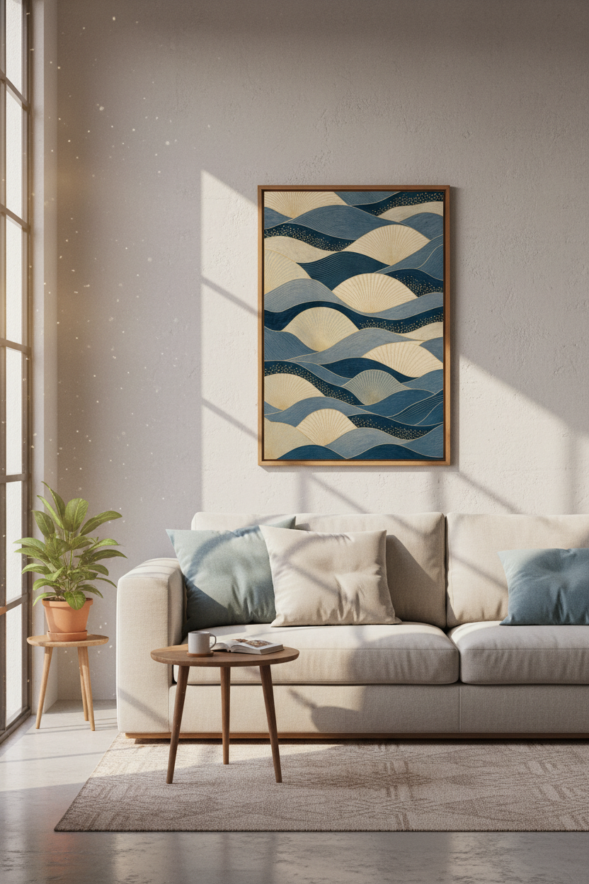 Abstract Japanese Wave Art | Blue and Gold Navy Sea Print, Japandi Decor