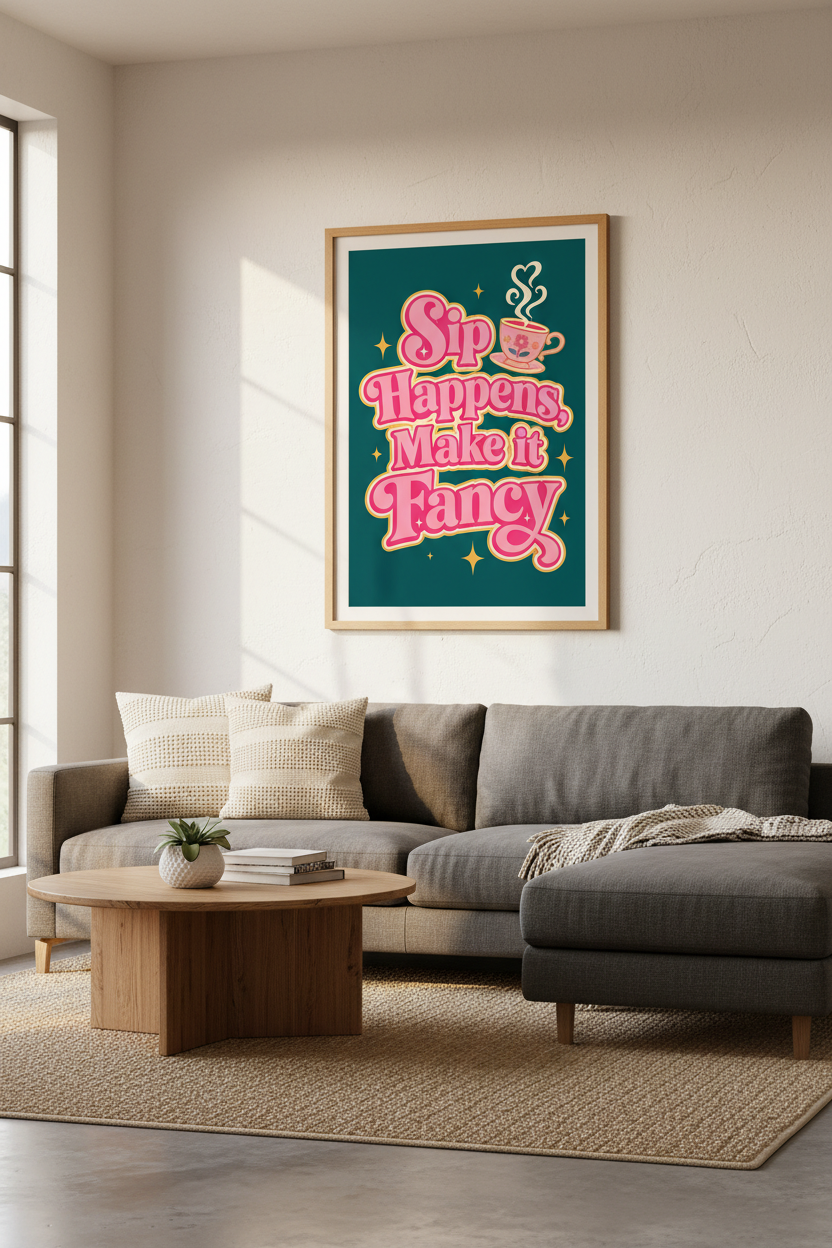 Tea Quote Wall Art Print | Retro Kitchen Decor | Pink &amp; Teal Funky Poster