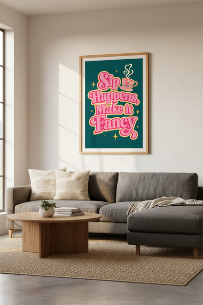 Tea Quote Wall Art Print | Retro Kitchen Decor | Pink &amp; Teal Funky Poster