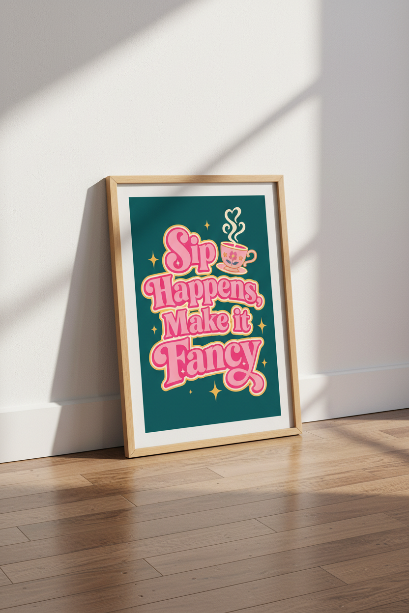 Tea Quote Wall Art Print | Retro Kitchen Decor | Pink &amp; Teal Funky Poster