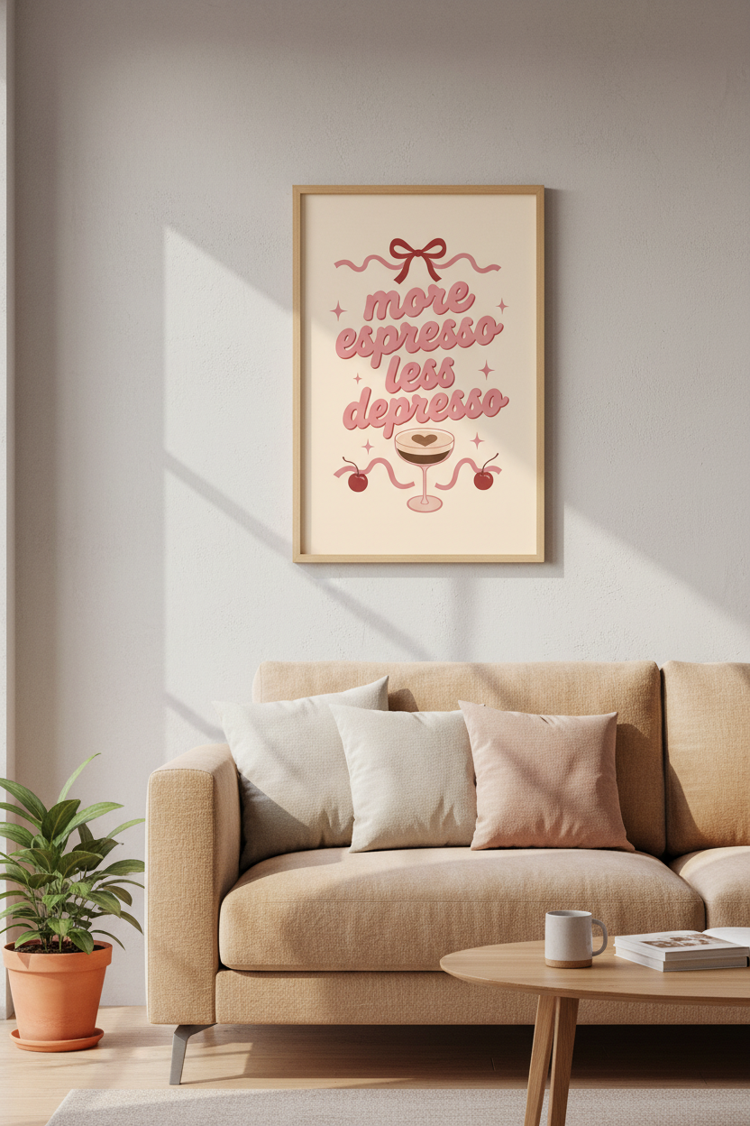 More Espresso Less Depresso Art Print | Pink Coquette Kitchen Decor | Retro Coffee Poster