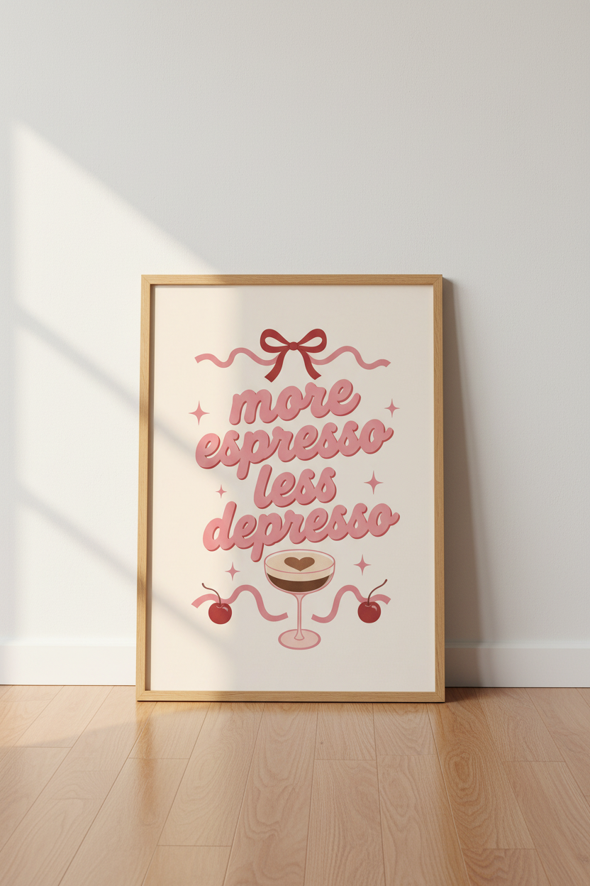More Espresso Less Depresso Art Print | Pink Coquette Kitchen Decor | Retro Coffee Poster