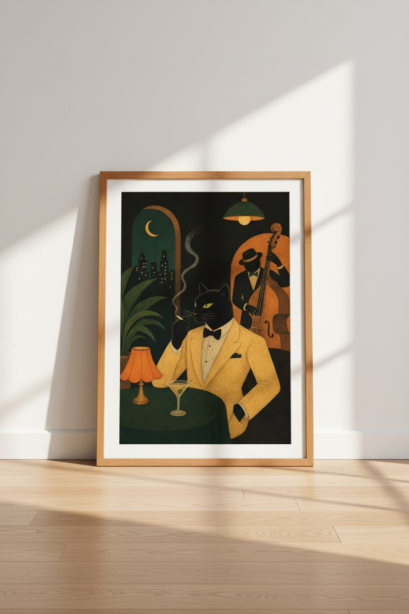 Jazz Cat Wall Art | Black Cat Poster | Vintage Noir Club Decor | Framed or Digital