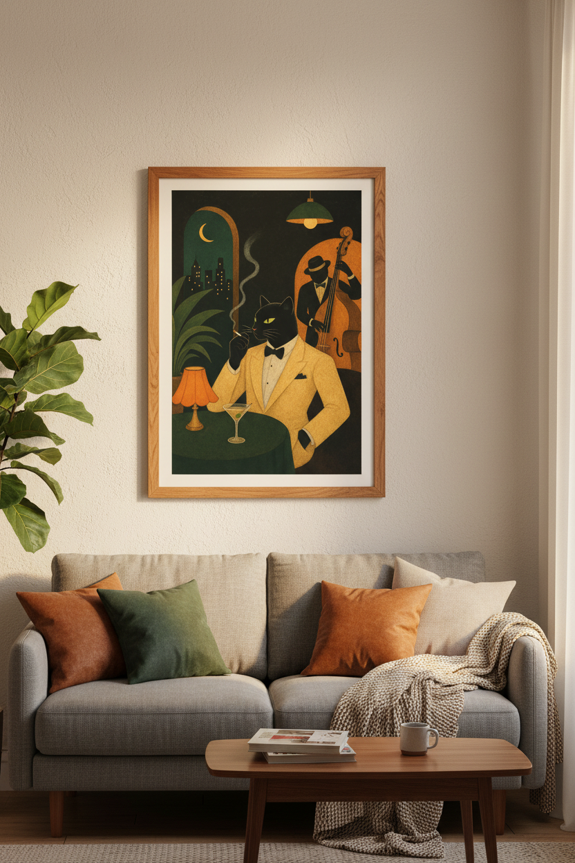 Jazz Cat Wall Art | Black Cat Poster | Vintage Noir Club Decor | Framed or Digital