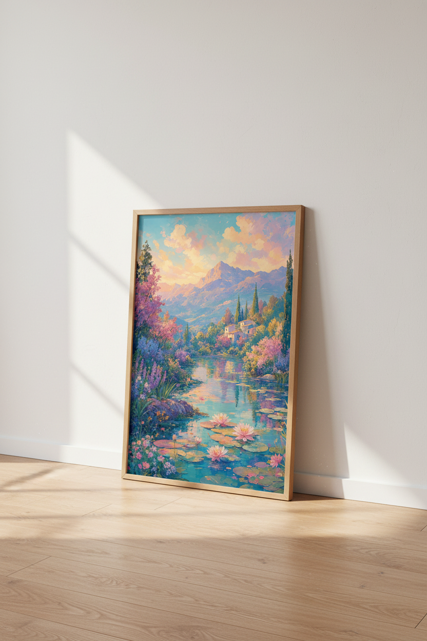 Impressionist Mountain Lake Art | Pastel Floral Landscape, Living Room Decor