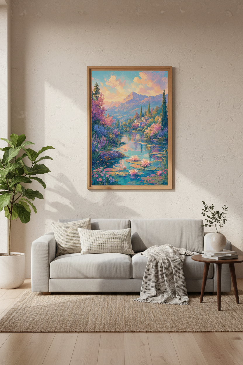 Impressionist Mountain Lake Art | Pastel Floral Landscape, Living Room Decor