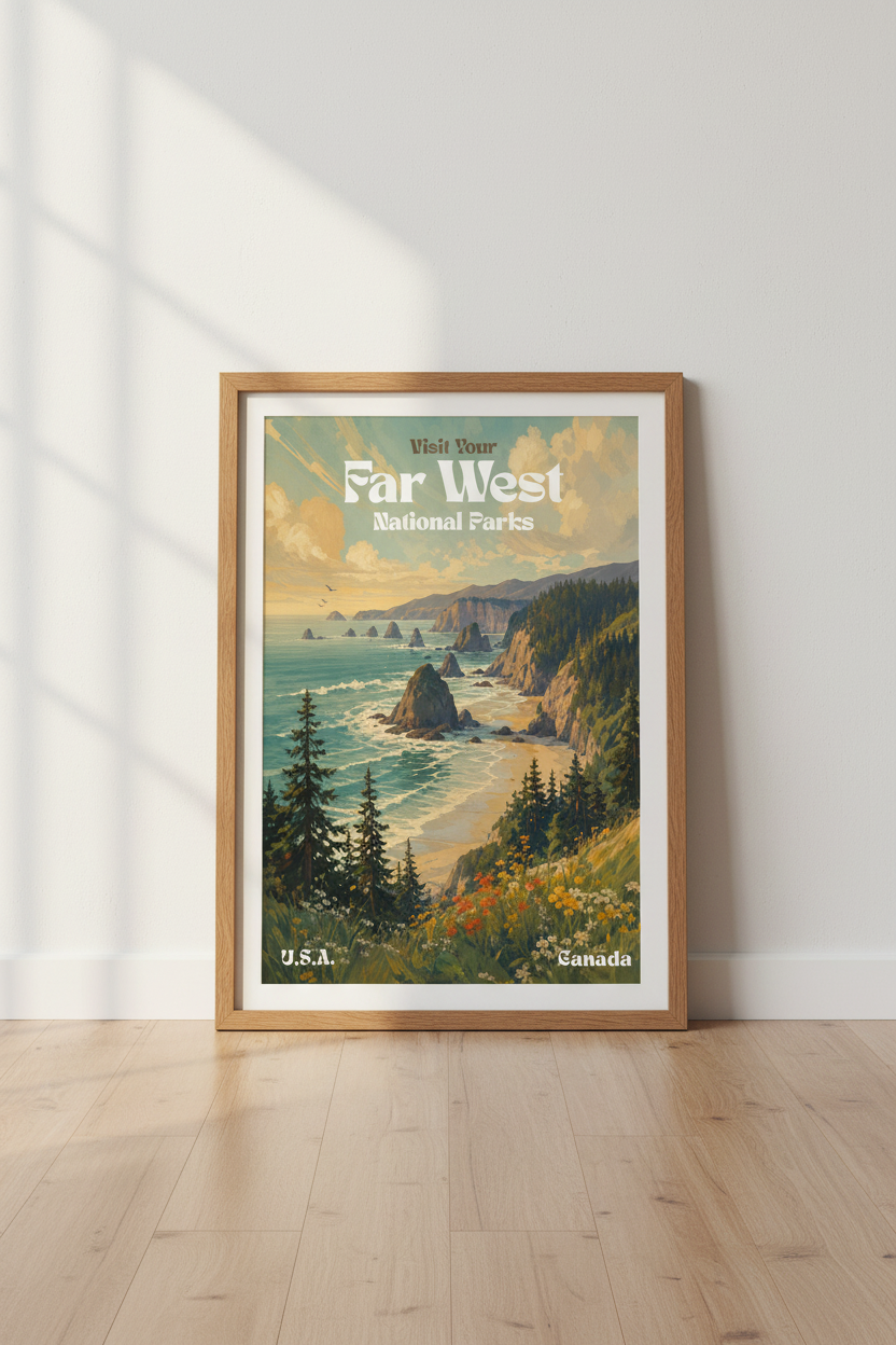 Far West National Parks Poster | Vintage Coastal Landscape, Rustic Cabin Wall Art