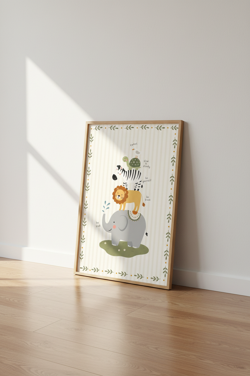 Safari Animal Stack Wall Art | Neutral Nursery Decor | Inspirational Kids Poster