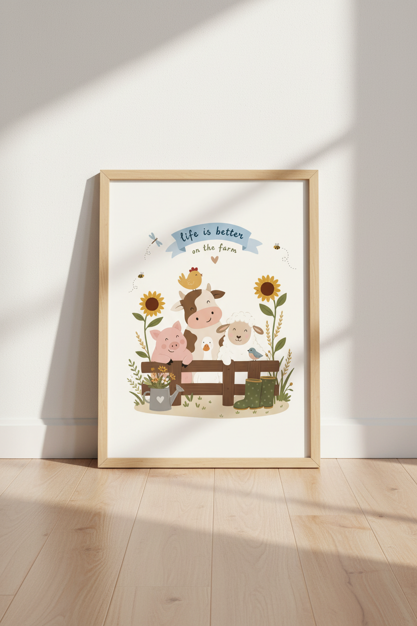 Farm Animals Nursery Wall Art | Cute Cow &amp; Pig Decor | Farmhouse Poster