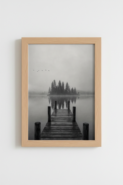 Moody Lake Wall Art Print | Foggy Pine Landscape Decor | Monochrome Poster