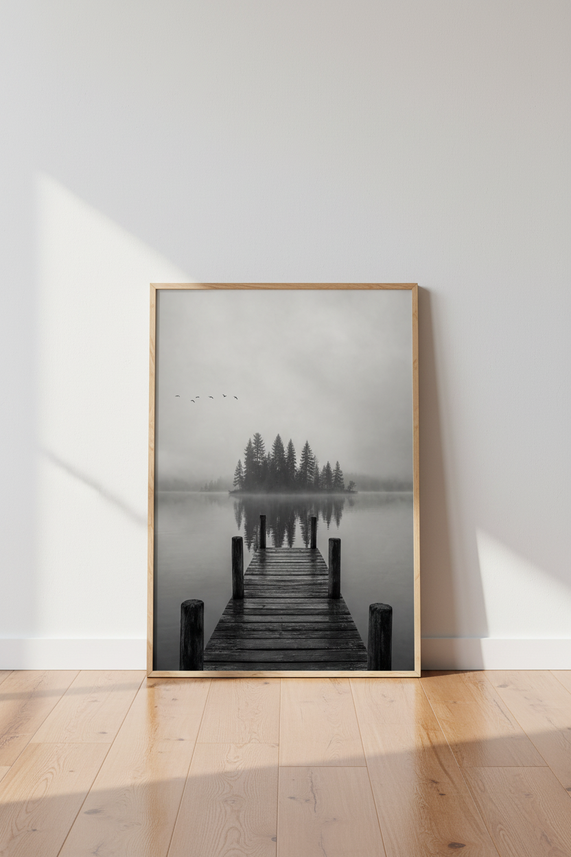 Moody Lake Wall Art Print | Foggy Pine Landscape Decor | Monochrome Poster