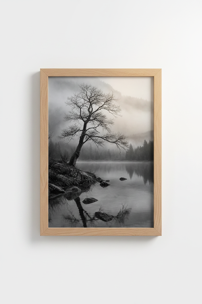 Moody Nature Wall Art | Black and White Foggy Lake Poster, Minimalist Office Decor