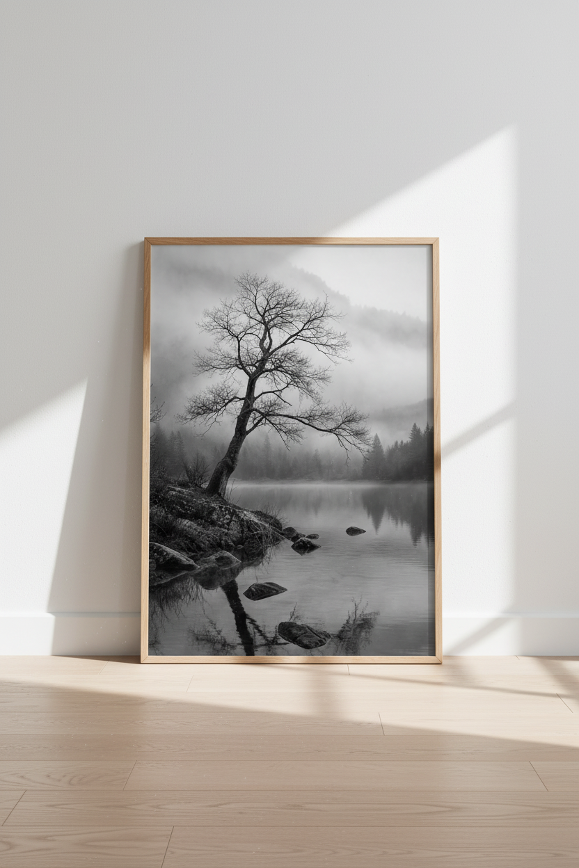 Moody Nature Wall Art | Black and White Foggy Lake Poster, Minimalist Office Decor