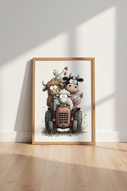 Funny Farm Animals on Tractor Art | Nursery Wall Decor | Whimsical Sketch Poster