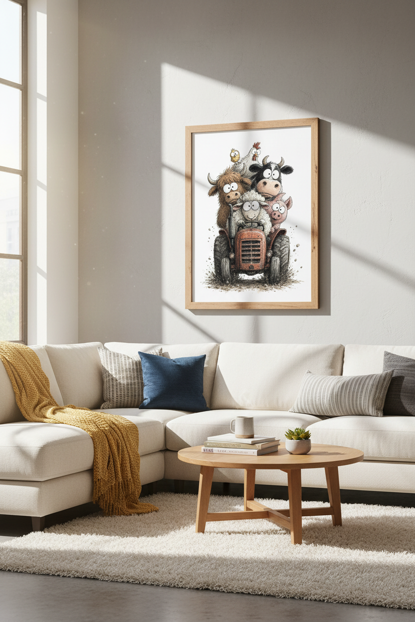 Funny Farm Animals on Tractor Art | Nursery Wall Decor | Whimsical Sketch Poster
