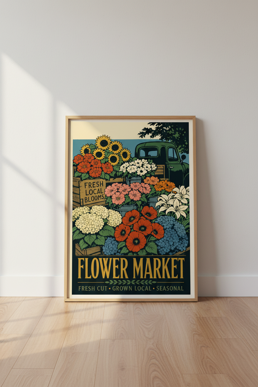 Flower Market Wall Art | Vintage Floral Farmhouse Poster, Botanical Decor