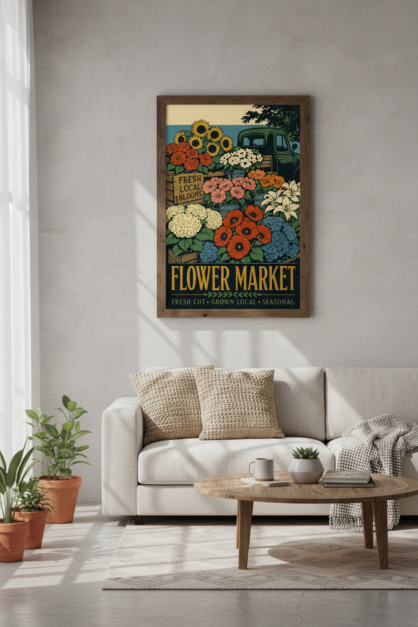 Flower Market Wall Art | Vintage Floral Farmhouse Poster, Botanical Decor