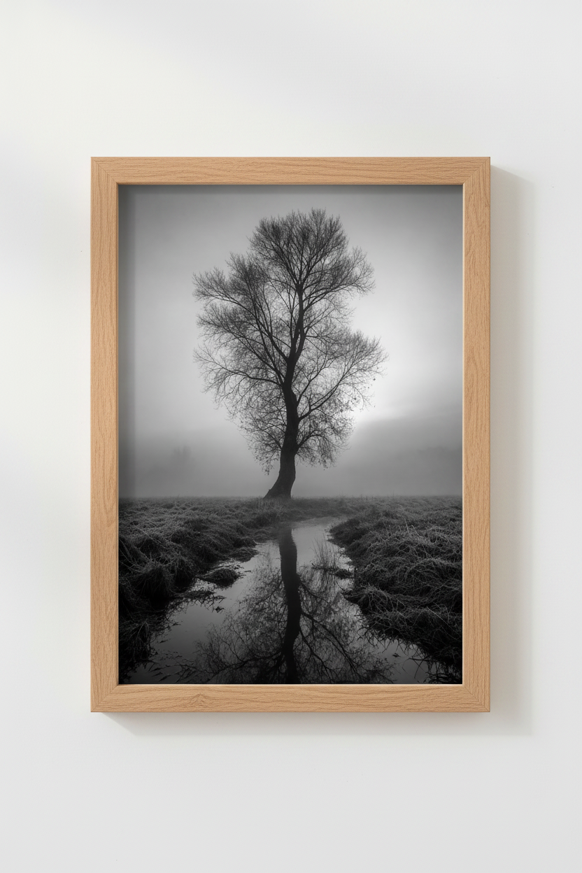 Moody Nature Wall Art Print | Black and White Tree Poster, Minimalist Landscape Decor