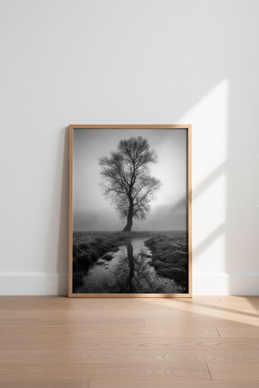 Moody Nature Wall Art Print | Black and White Tree Poster, Minimalist Landscape Decor