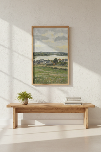 Pastoral Landscape Art | Impressionist Village Scene, Soft Ecru Tones | Living Room Decor