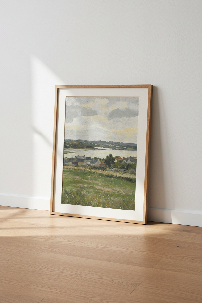 Pastoral Landscape Art | Impressionist Village Scene, Soft Ecru Tones | Living Room Decor