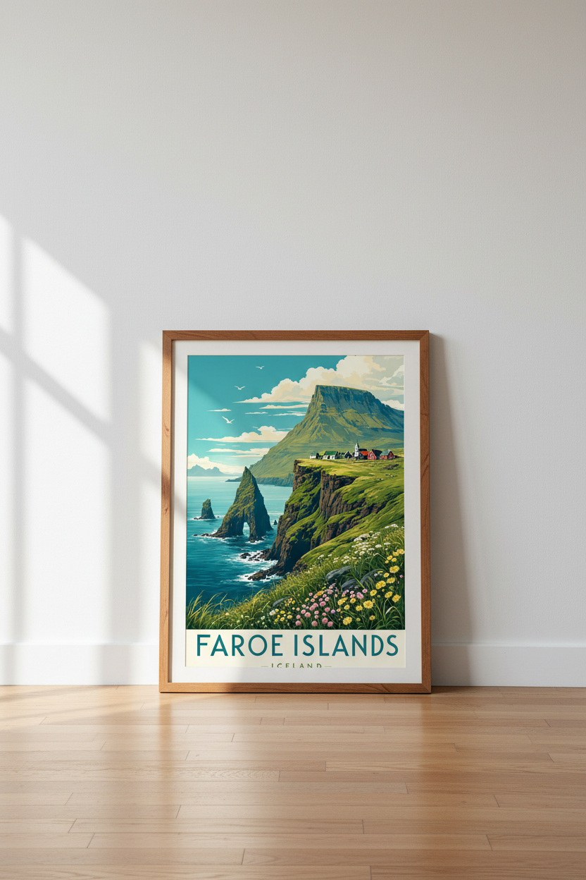 Faroe Islands Travel Poster | Vintage Landscape Wall Art Print | Nordic Decor