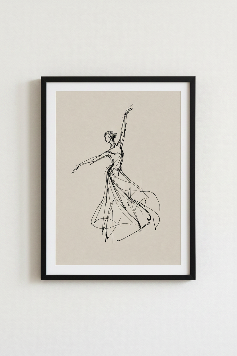 Ballerina Sketch | Minimalist Black &amp; Beige Line Art, Bedroom Decor