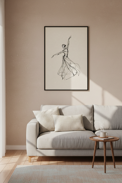 Ballerina Sketch | Minimalist Black &amp; Beige Line Art, Bedroom Decor