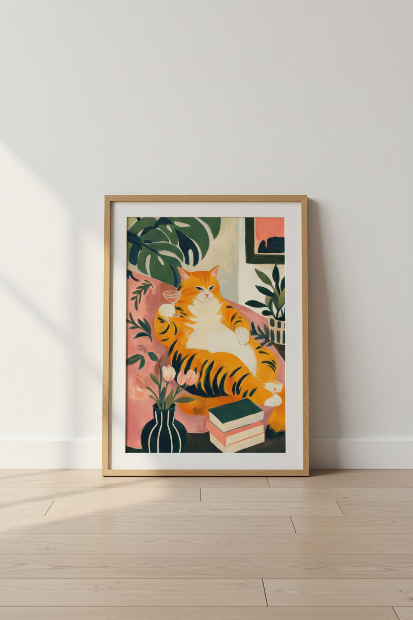 Funny Orange Cat Wall Art | Cocktail Ginger Cat Poster Print | Eclectic Kitchen Decor