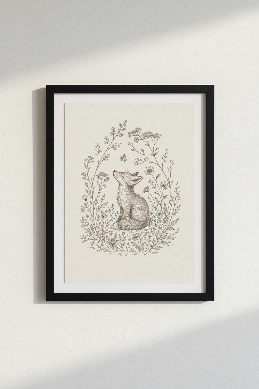 Vintage Fox &amp; Butterfly Wall Art Print | Botanical Nursery Decor | Cottagecore Poster