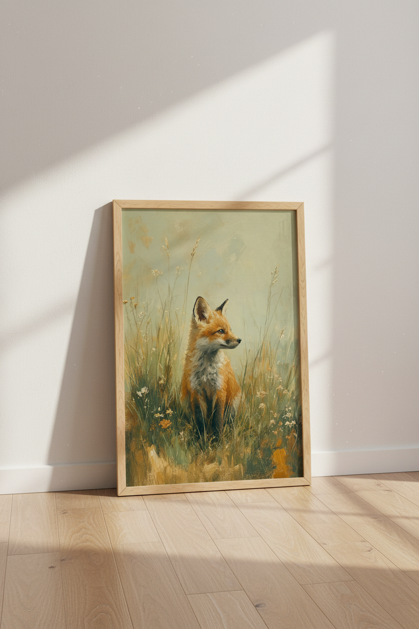 Baby Fox Oil Painting Wall Art | Woodland Nursery Decor | Muted Vintage Poster