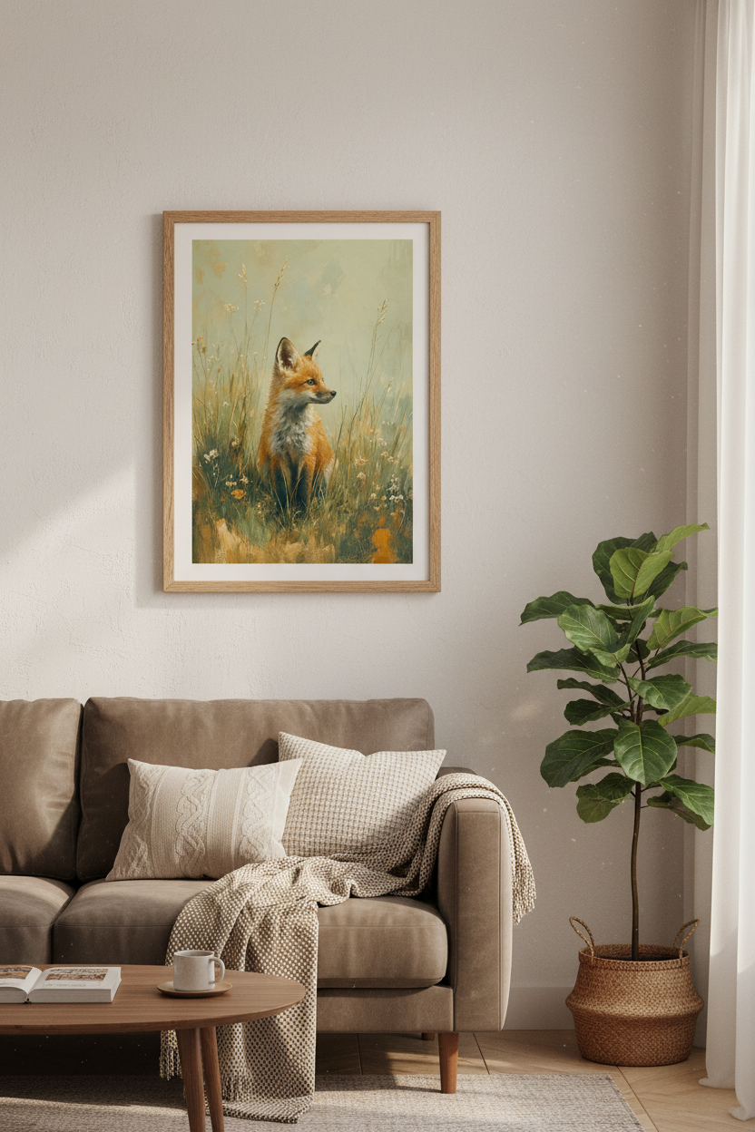 Baby Fox Oil Painting Wall Art | Woodland Nursery Decor | Muted Vintage Poster