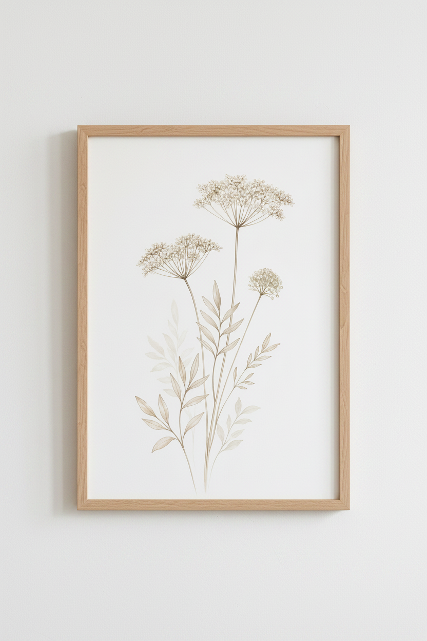 Wildflower Botanical Sketch | Neutral Beige Minimalist, Bedroom Living Room Wall Art
