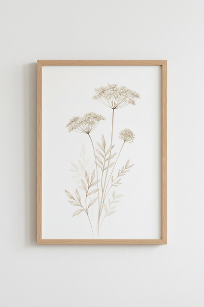 Wildflower Botanical Sketch | Neutral Beige Minimalist, Bedroom Living Room Wall Art