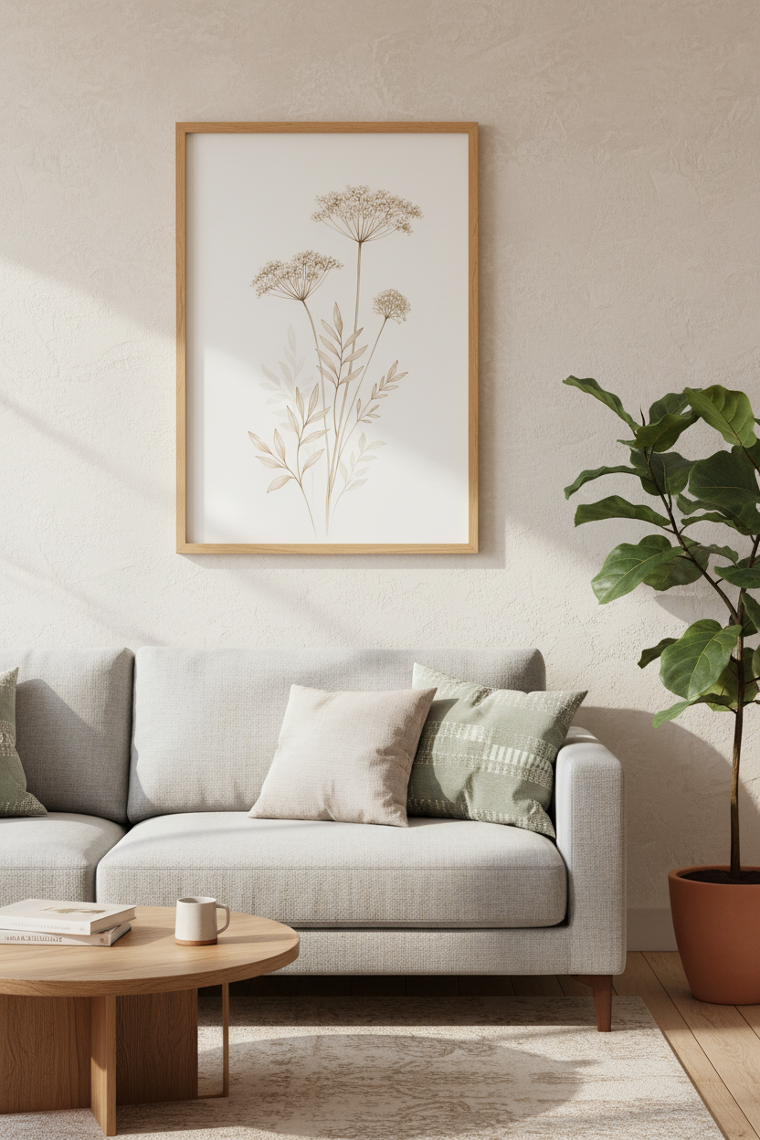Wildflower Botanical Sketch | Neutral Beige Minimalist, Bedroom Living Room Wall Art