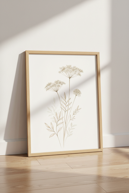 Wildflower Botanical Sketch | Neutral Beige Minimalist, Bedroom Living Room Wall Art