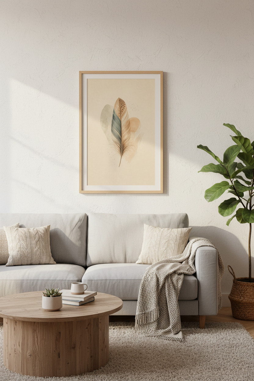 Boho Feather Watercolor Art | Earthy Neutral Tones, Minimalist Bedroom Wall Art