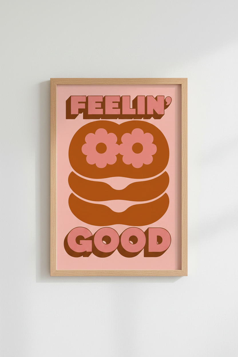 Feelin Good Retro Flower Wall Art | Pink &amp; Orange 70s Poster, Groovy Room Decor
