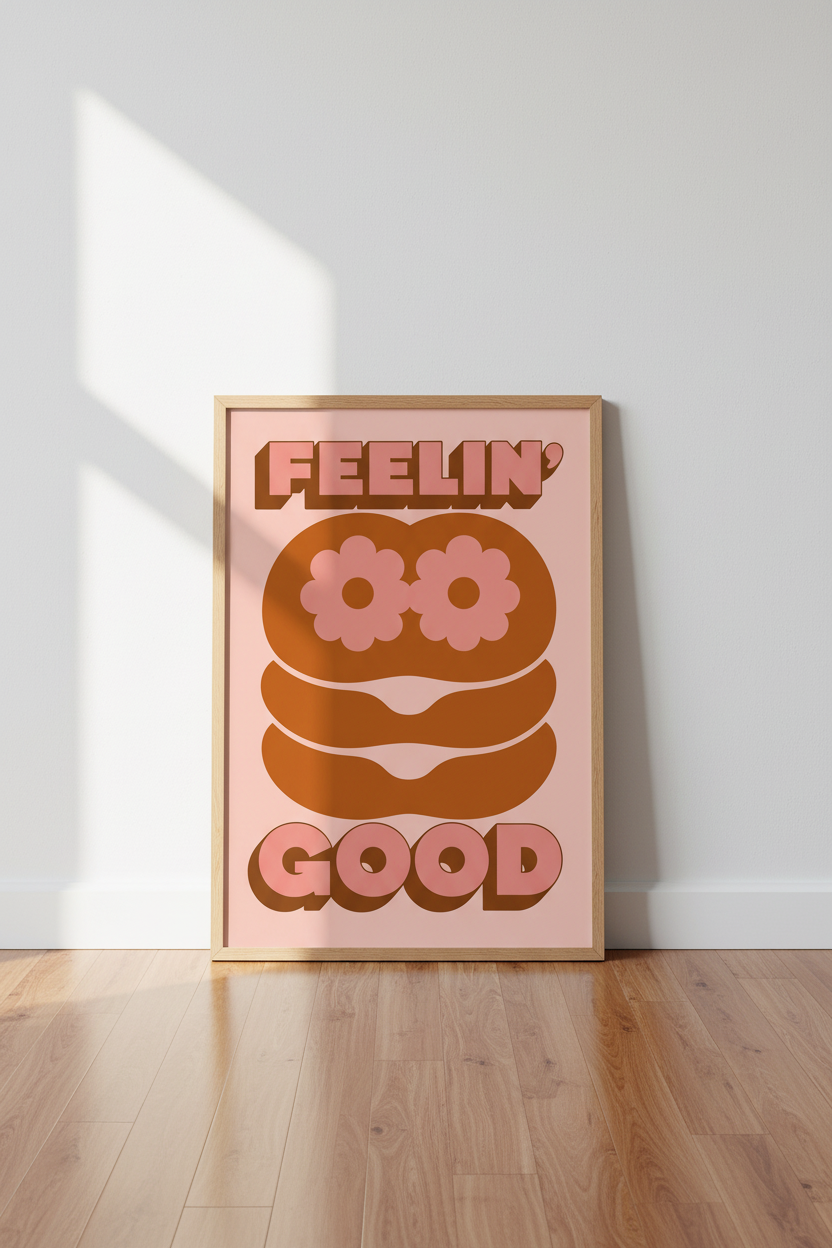 Feelin Good Retro Flower Wall Art | Pink &amp; Orange 70s Poster, Groovy Room Decor