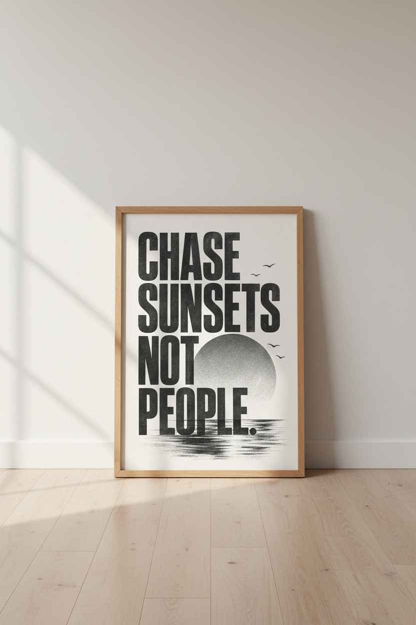 Chase Sunsets Typography Wall Art | Minimalist Black &amp; White Poster, Modern Office Decor