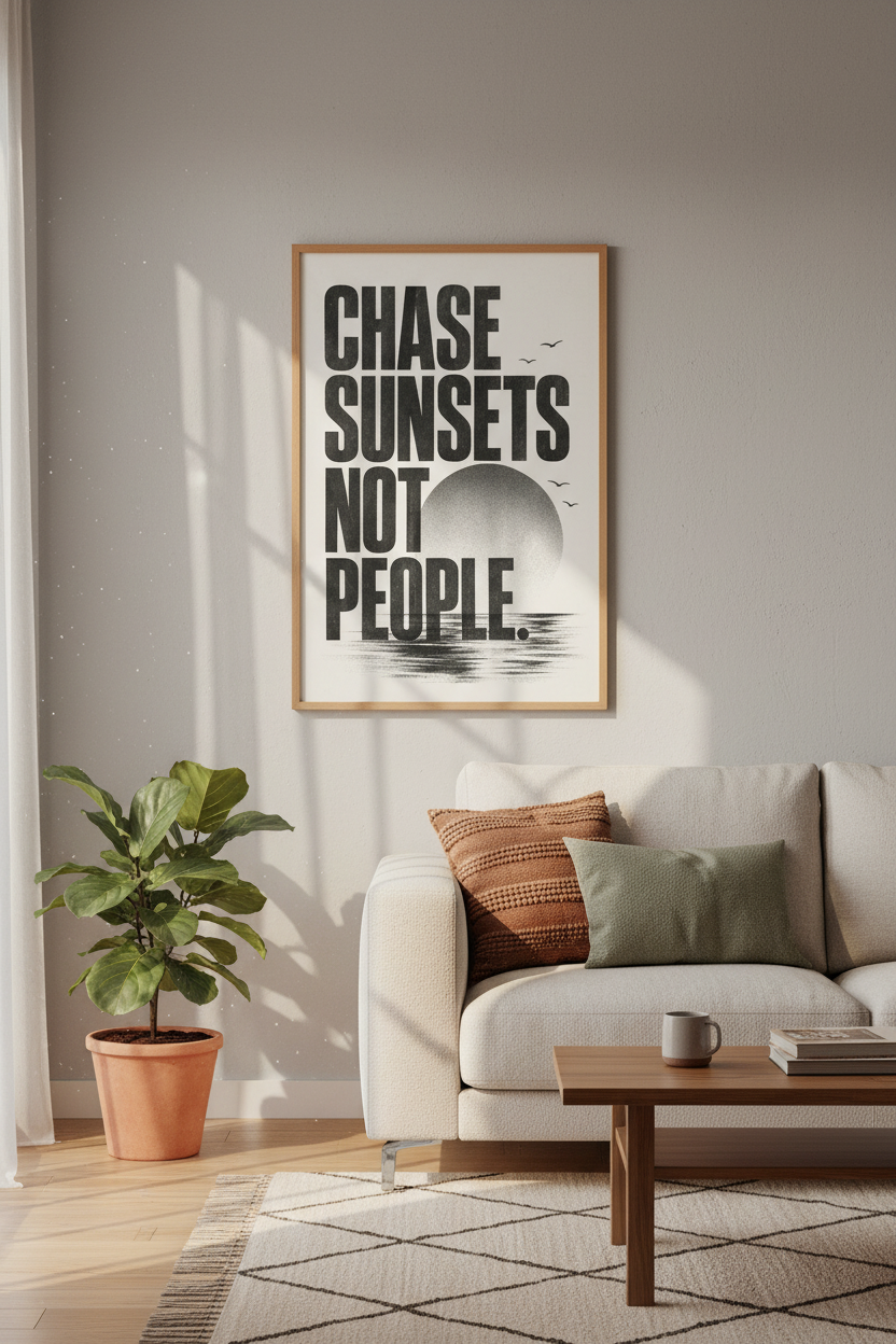 Chase Sunsets Typography Wall Art | Minimalist Black &amp; White Poster, Modern Office Decor
