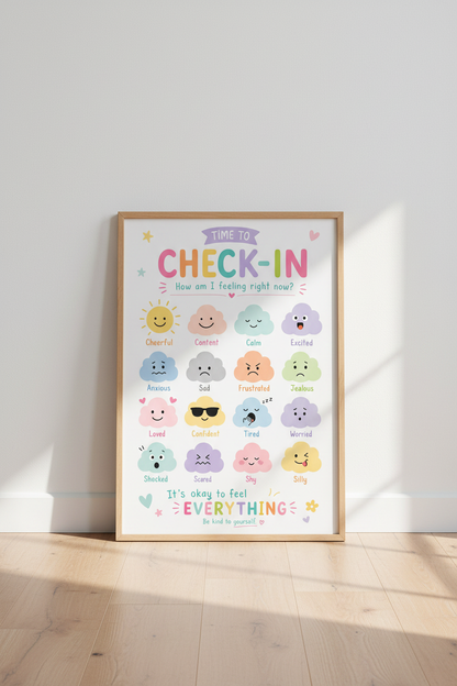 Feelings Chart Wall Art | Pastel Kids Emotions Poster, Classroom &amp; Therapy Decor
