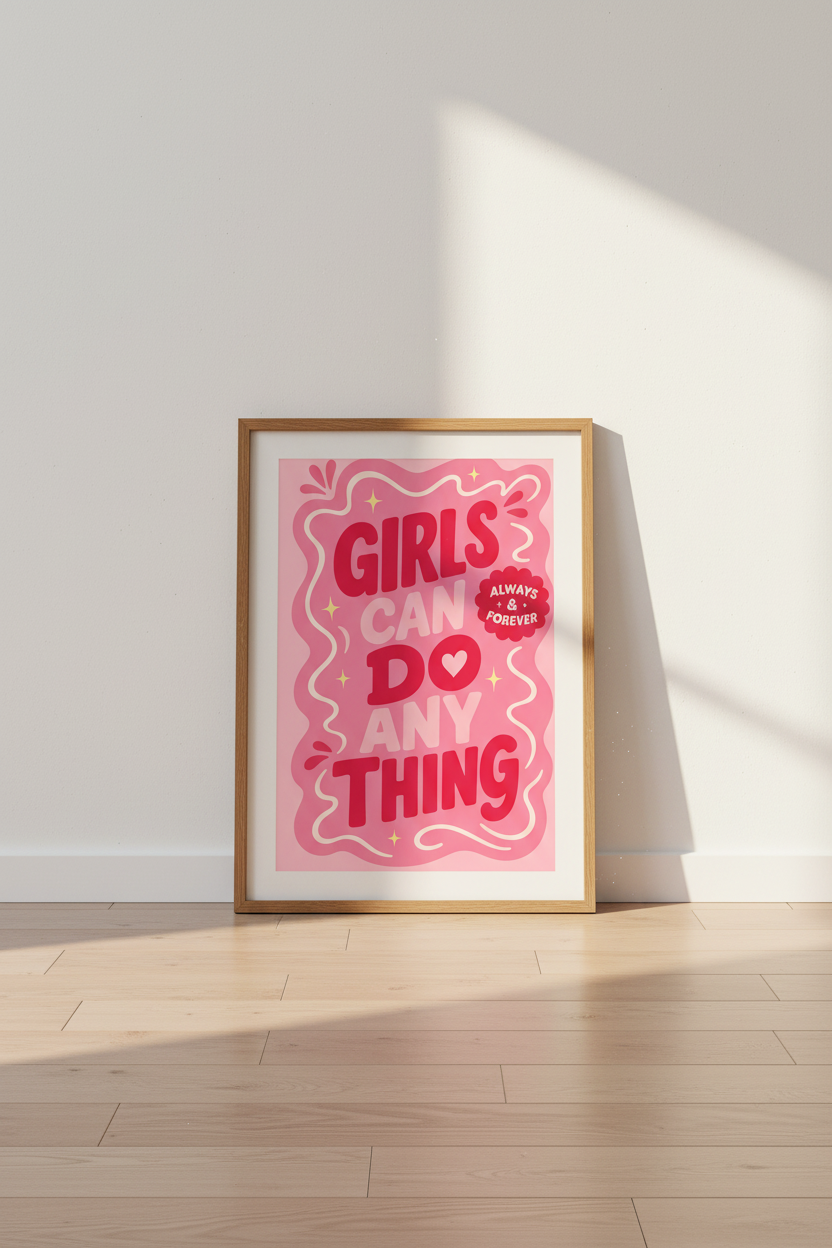Girls Can Do Anything Wall Art | Pink Typography Poster, Girl Power Dorm Decor