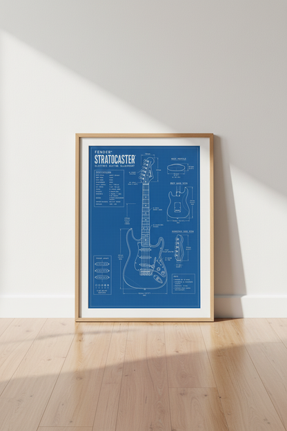 Fender Stratocaster Guitar Blueprint Wall Art Print | Music Room Decor | Industrial Poster