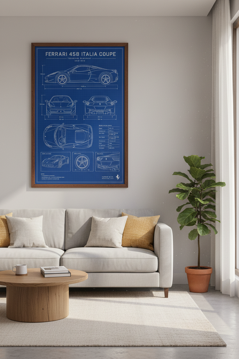 Ferrari 458 Italia Blueprint Wall Art | Office Garage Decor | Automotive Poster