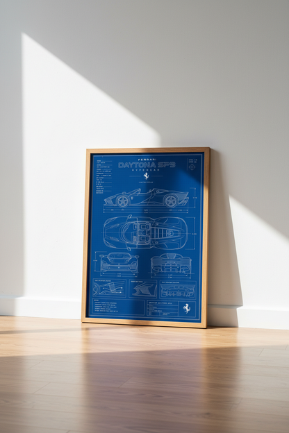 Ferrari Daytona SP3 Blueprint Art | Garage &amp; Office Decor | Blue Car Poster