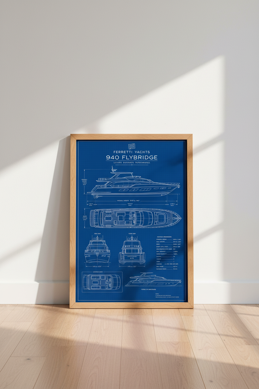 Ferretti Yacht Blueprint Wall Art | Navy Nautical Decor | Luxury Boat Poster