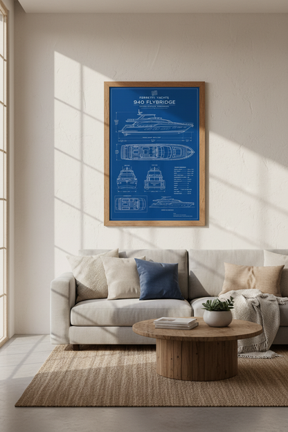Ferretti Yacht Blueprint Wall Art | Navy Nautical Decor | Luxury Boat Poster